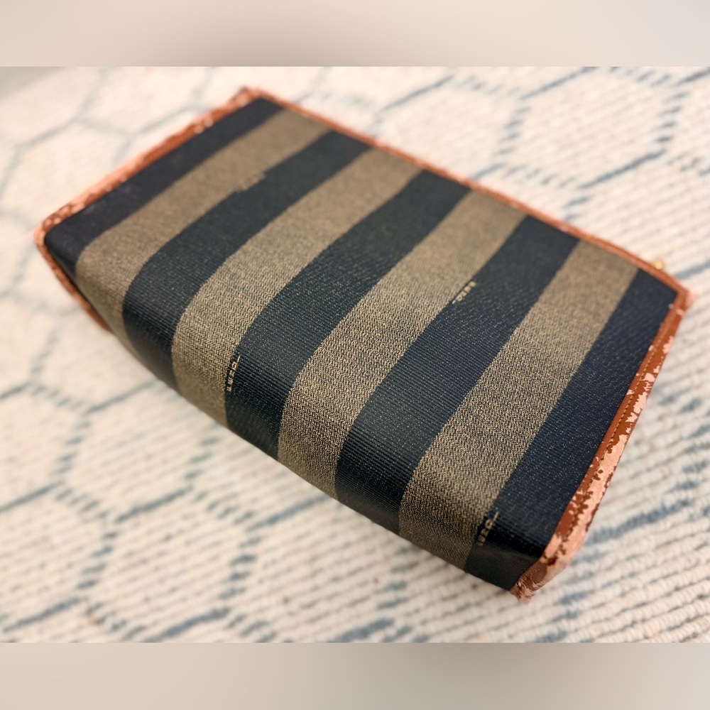 FENDI Vintage Classic Brown Canvas Leather Pequin Striped Logo Clutch Pouch - Picture 10 of 16